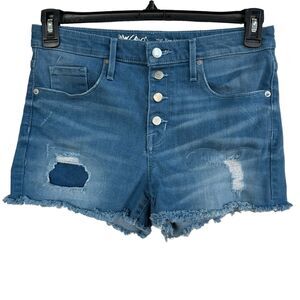 Mossimo SZ 8 Jean Shorts Button-Fly Frayed Hems Distressed Hi-Rise Stretch Blue
